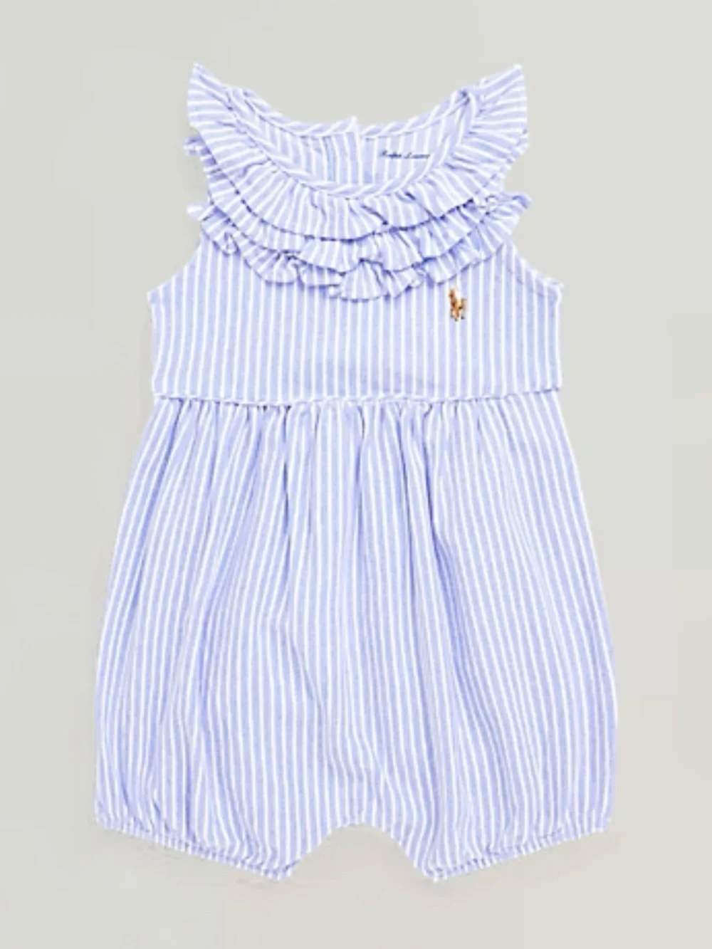 Ralph Lauren Light Blue & White Striped Ruffle Baby Romper